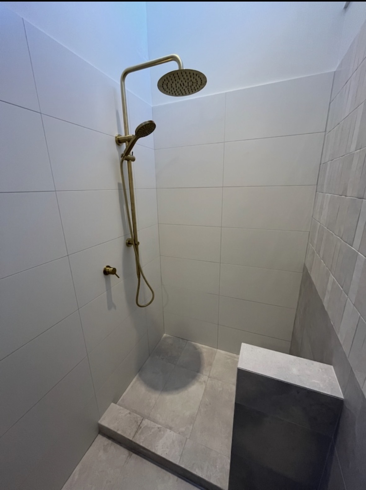 Shower recess with gold rain head, handheld shower and white tiles